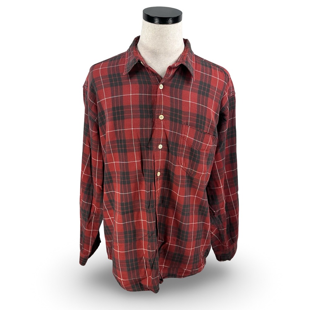 Vintage J. Crew Oarsman Mens XL Red Black Plaid Flannel Button Down Shirt Cotton